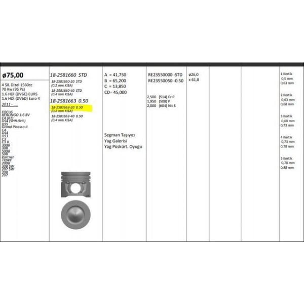 Piston Segman 0.50 0.20 Kısa 2008 207 A7 208 3008 301 308 4008 5008 508 Expert III Partner Tepe Berlıngo B9 C3 Pıcasso A51 C4 B7 C5×7 C-Elysee Ds3 Ds4 Ds5 75.00Mm Rıken Segmanlı Peugeot 301 KNG-18-2581663-20 1607373680
