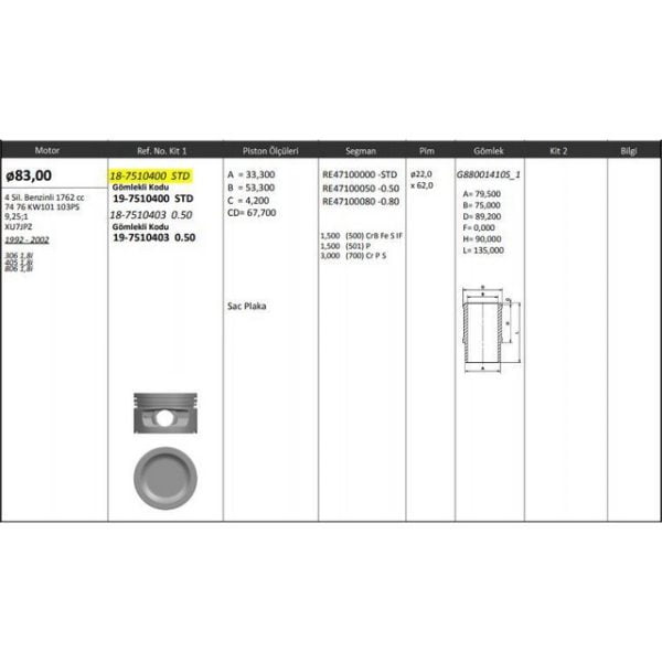 Piston Segman Std 306 405 806 Evasıon Xantıa Xsara Zx Xu7Jp 1.8 8V Rıken Segmanlı Peugeot 306 KNG-18-7510400 0111.AL