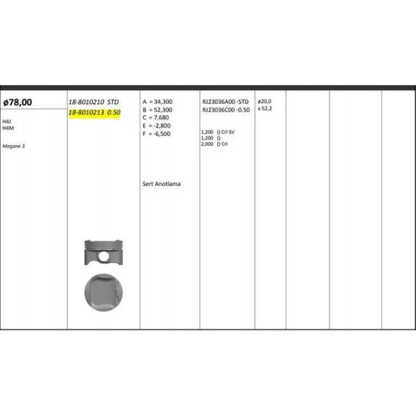 Piston Segman 0.50 Megane III H4J H4M 16V 78 50Mm Renault Megane KNG-18-8010213 120A13783R