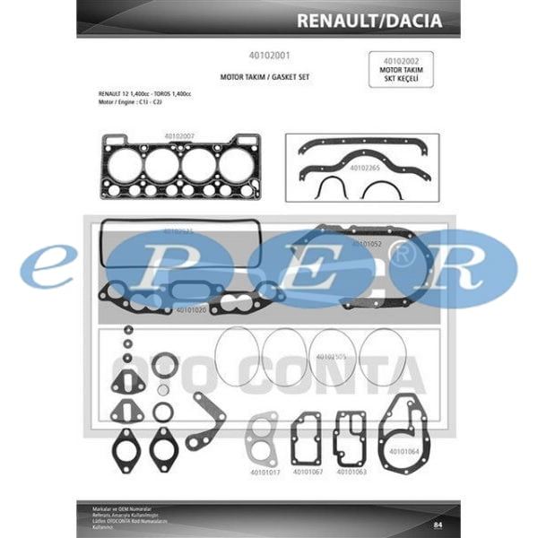 Motor Takım Conta S.Conta Dahil R12 1400 Keçesiz Renault R12 OTC-40102000 7701460626