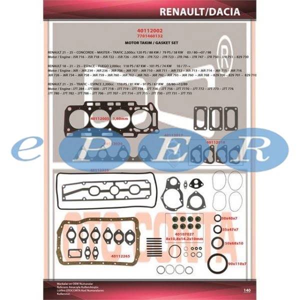 Motor Takım Conta Üst Espace R21 Txe R25 Trafıc 2.0 2.2 S.K.C Dahil Renault R21 OTC-40112002 7701460132