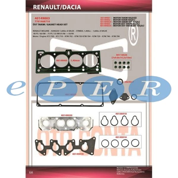 Motor Takım Conta Üst Clıo II Symbol Megane I R19 Scenıc 1.4 8V K7J 1.6 K7M Keçeli Renault Clio OTC-40149003 7701468710