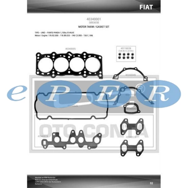 Motor Takım Conta Keçesiz Palıo Sıena 1100 Cc 1.2 8V Fiat Palio OTC-40340001 5892376
