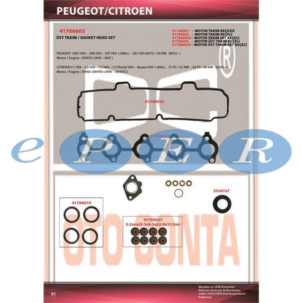 Motor Takım Conta Üst 106 107 206 206 207 307 307 Bıpper Partner C1 C2 C3 C4 Nemo Fıesta Fusıon S40 1.4 Hdı Skt Keçeli Silindir Kapaksız Peugeot 206 OTC-41706003